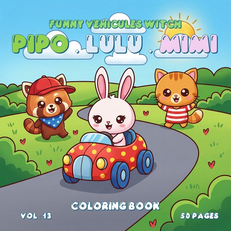 Funny Vehicles with Pipo Lulu and Mimi – VOL 13 – 50 Pages Coloring Book