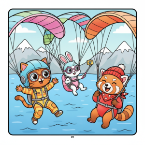 A cat, rabbit, and red panda parachute together over a mountain lake, smiling and enjoying the adventure.