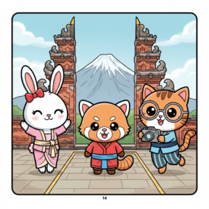 Three cute cartoon animals dressed in traditional Japanese attire stand in front of a scenic backdrop featuring a snow-capped mountain.