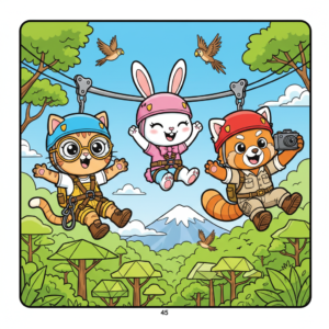 Pipo the cat, Lulu the rabbit, and Mimi the red panda ziplining through a lush forest with mountains in the background.
