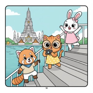 Pipo, Lulu, and Mimi pose on the stairs near a large temple, with Pipo holding a camera and wearing a bandana.