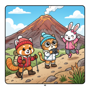 Pipo the red panda and Lulu the cat hike along a trail with Mimi the bunny, with a volcano in the background.