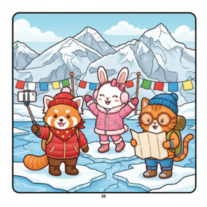 Pipo the red panda takes a selfie, Lulu the rabbit poses cheerfully, and Mimi the cat studies a map, set against snowy mountains.