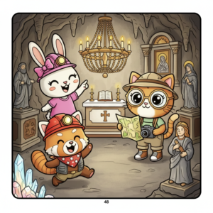 Pipo the red panda holds a map, Lulu the rabbit wears a helmet and smiles, while Mimi the cat takes a photo in a cave setting.