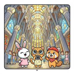 Pipo, Lulu, and Mimi stand together in a grand hall with stained glass windows, surrounded by people taking photos.