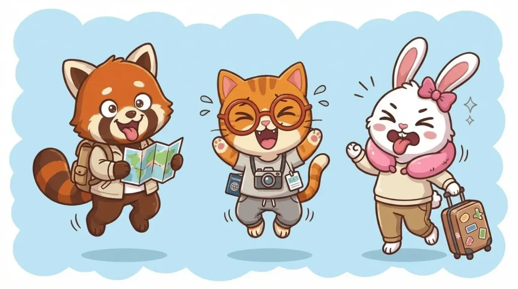 Pipo the red panda holds a map, Lulu the cat wears glasses and holds a camera, while Mimi the bunny carries a suitcase, all happily jumping.