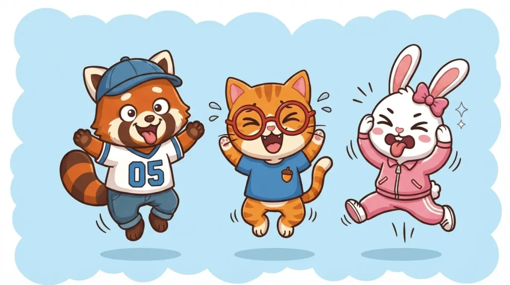 Pipo the red panda, Lulu the cat, and Mimi the bunny joyfully jumping together against a light blue background.