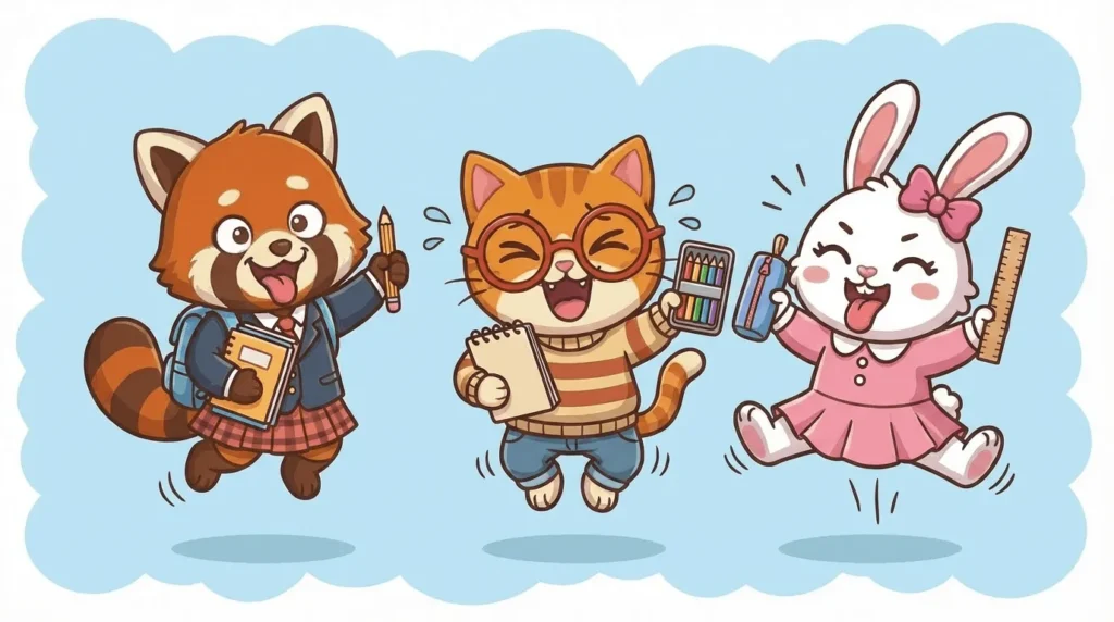 Pipo the red panda, Lulu the cat, and Mimi the bunny happily jump in a playful scene, each holding school supplies.