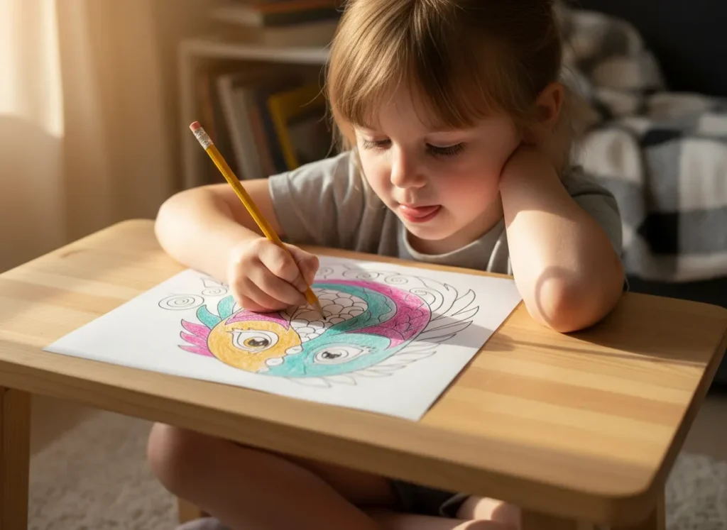A young child with a pencil colors a vibrant fish drawing at a wooden table, focused and with a playful expression.