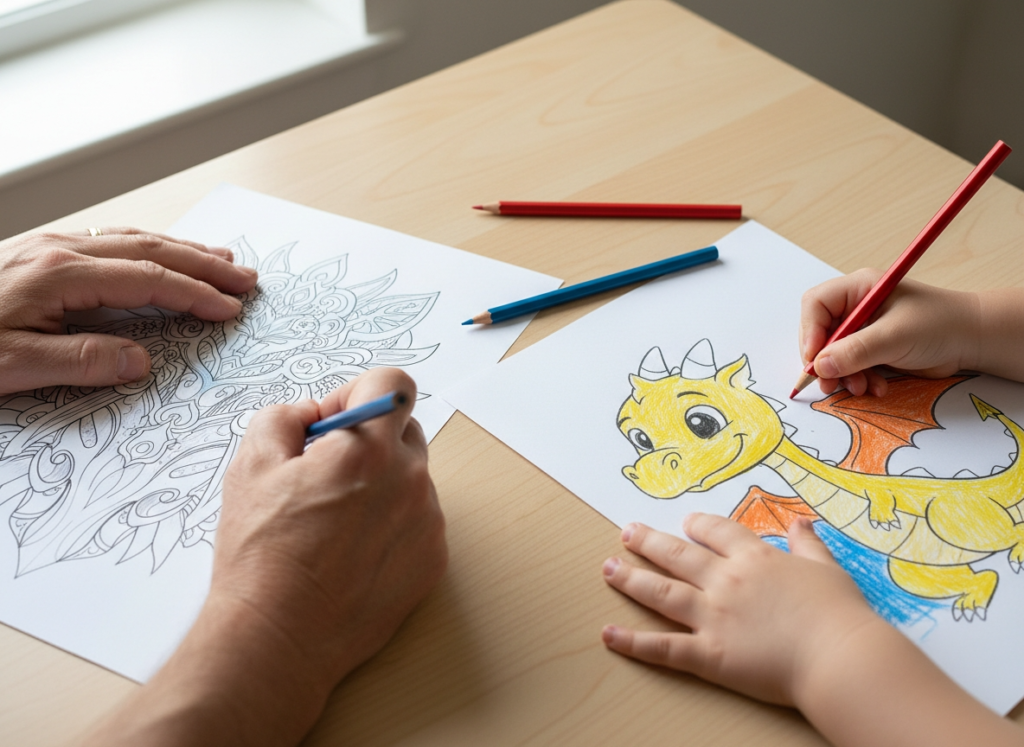 A child's and an adult's hands coloring in a dragon illustration and a mandala design with colored pencils.