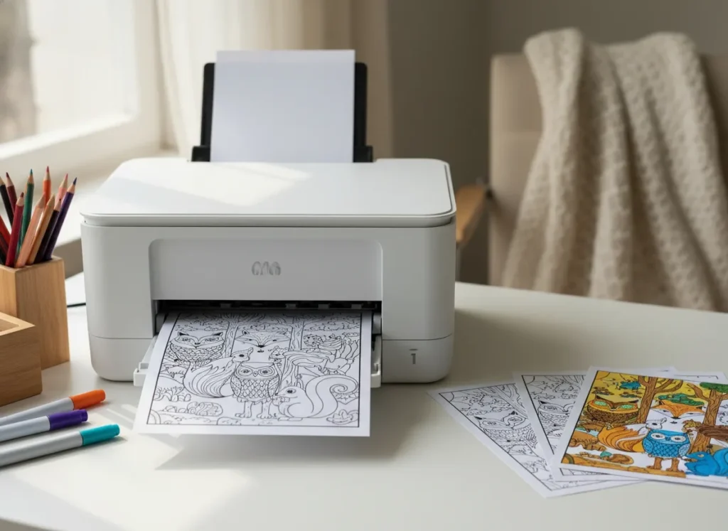 A printer on a desk is printing coloring pages featuring Pipo, Lulu, and Mimi, with art supplies visible nearby.