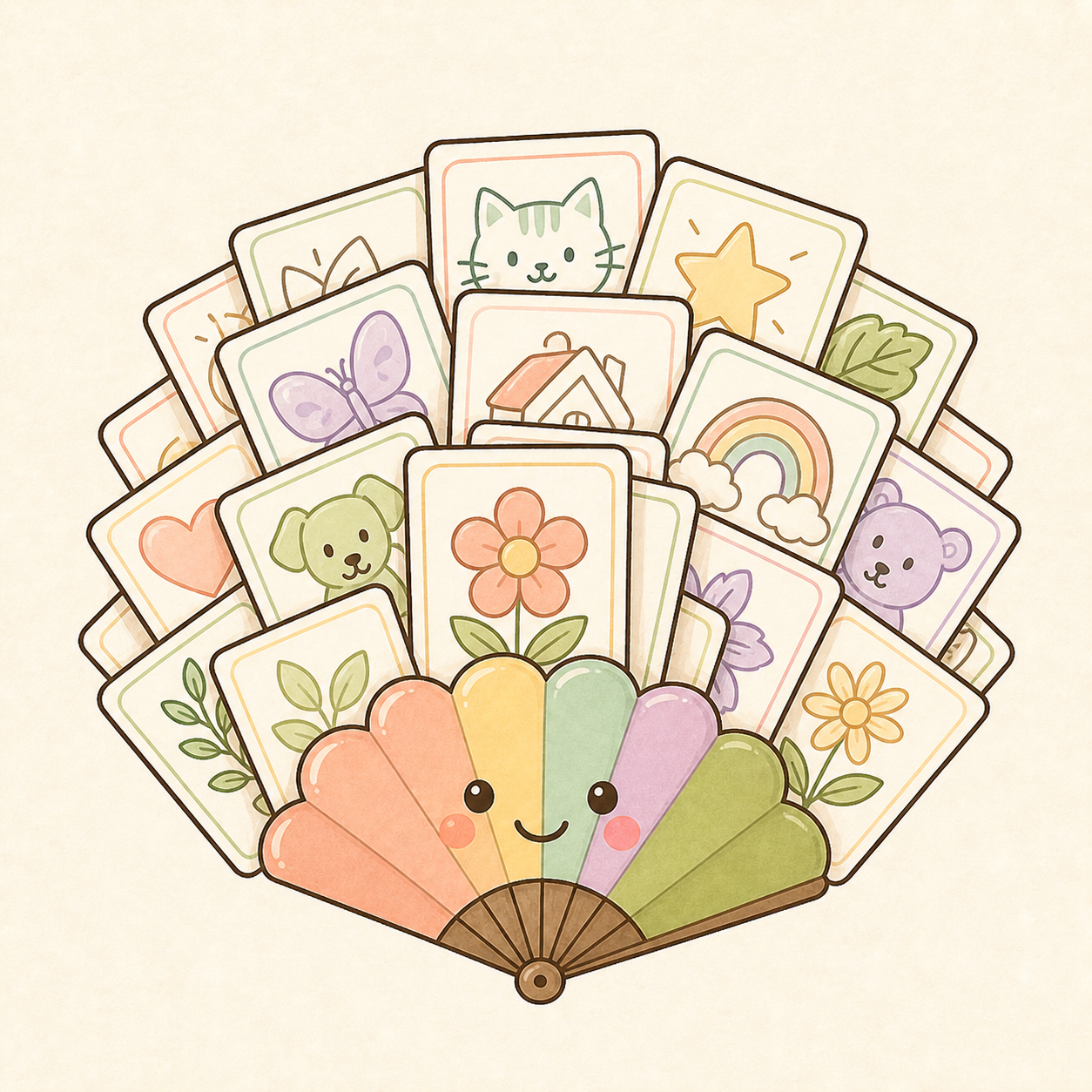 Pastel fan filled with many different illustrated coloring pages