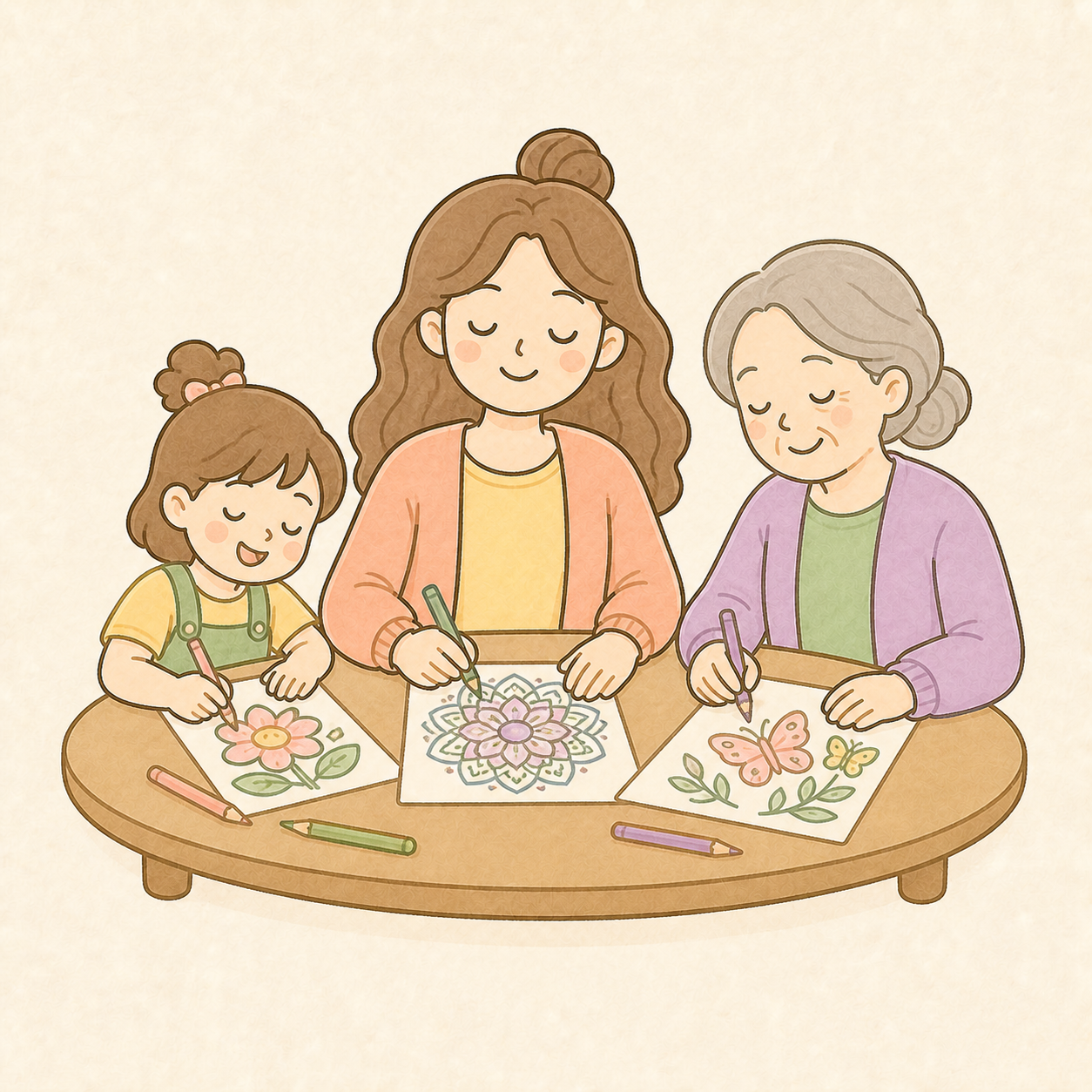 Child, adult and older adult happily coloring together