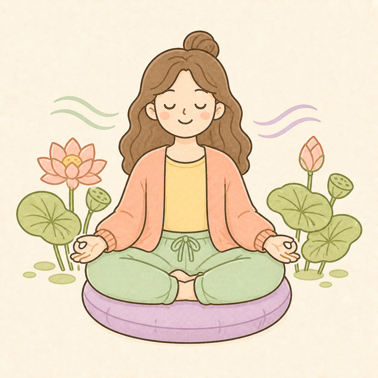 Peaceful person meditating among pastel lotus flowers